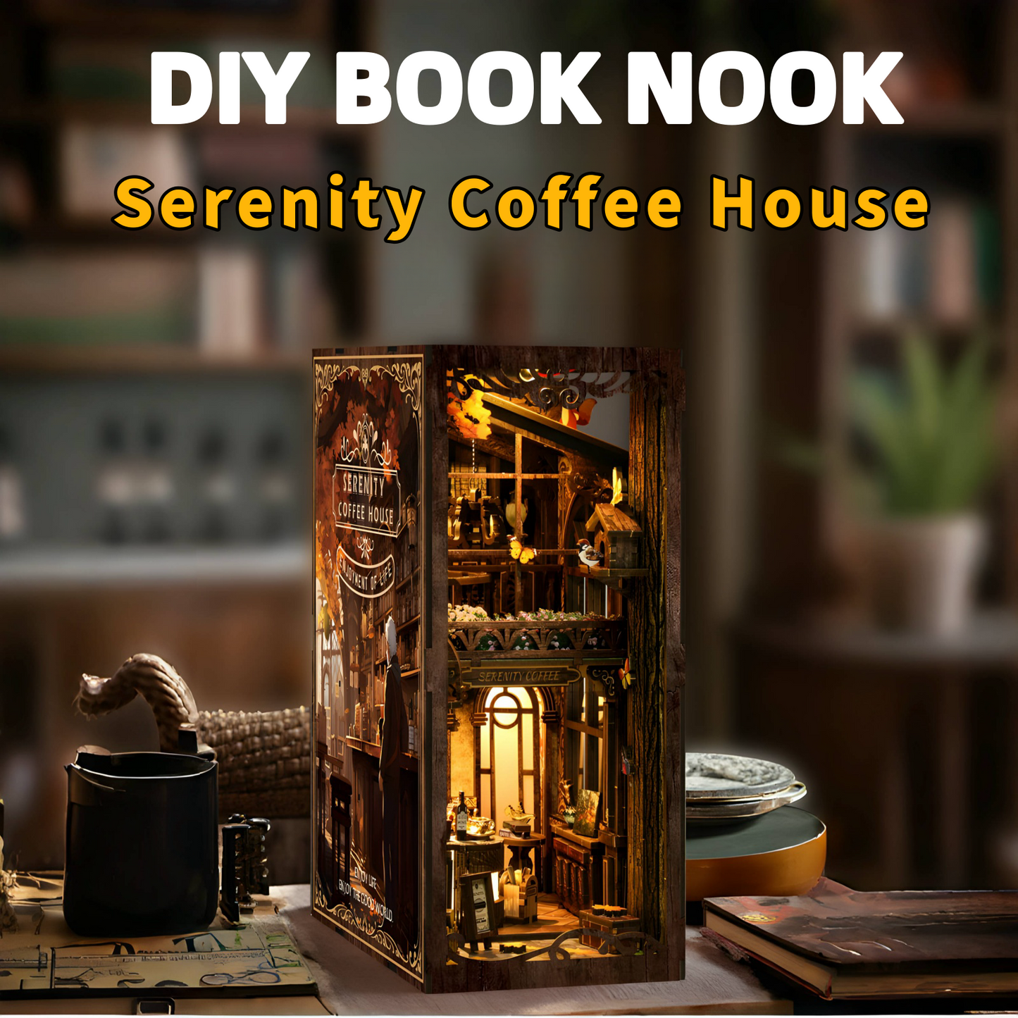 ATAEFR Book Nook Kit for Adults, DIY Miniature Coffee House Booknook Kit with Led Light & Dust Baffle, 3D Wooden Bookshelf Puzzle Booknook Insert Decor Crafts for Adults Teen Gifts