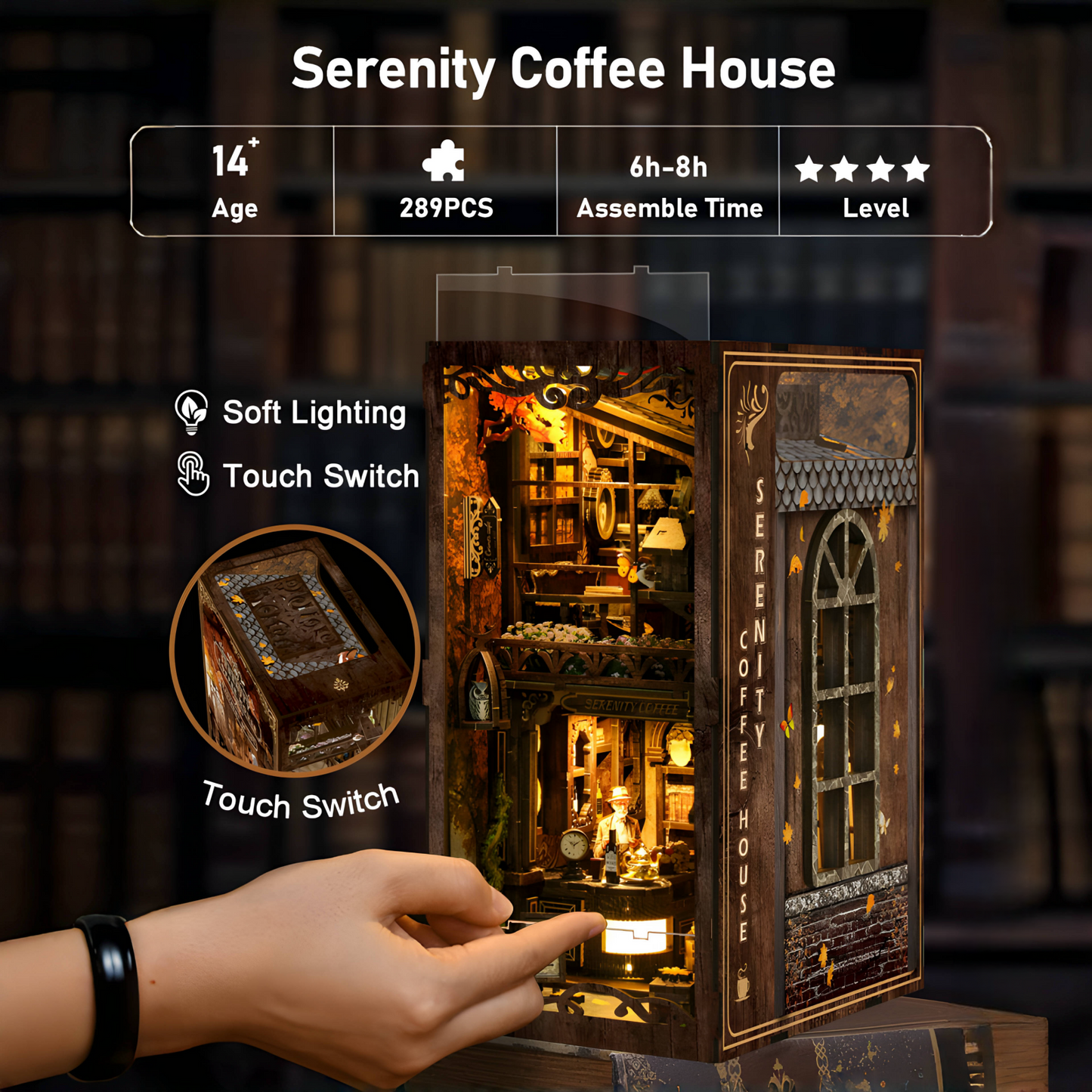 ATAEFR Book Nook Kit for Adults, DIY Miniature Coffee House Booknook Kit with Led Light & Dust Baffle, 3D Wooden Bookshelf Puzzle Booknook Insert Decor Crafts for Adults Teen Gifts