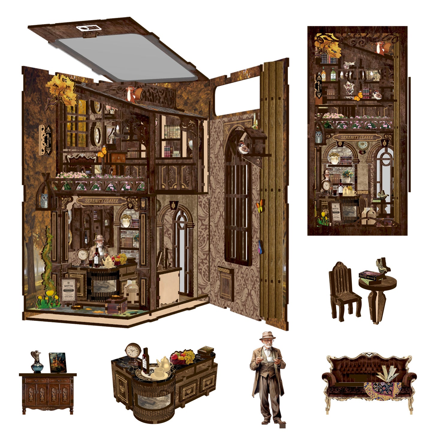 ATAEFR Book Nook Kit for Adults, DIY Miniature Coffee House Booknook Kit with Led Light & Dust Baffle, 3D Wooden Bookshelf Puzzle Booknook Insert Decor Crafts for Adults Teen Gifts