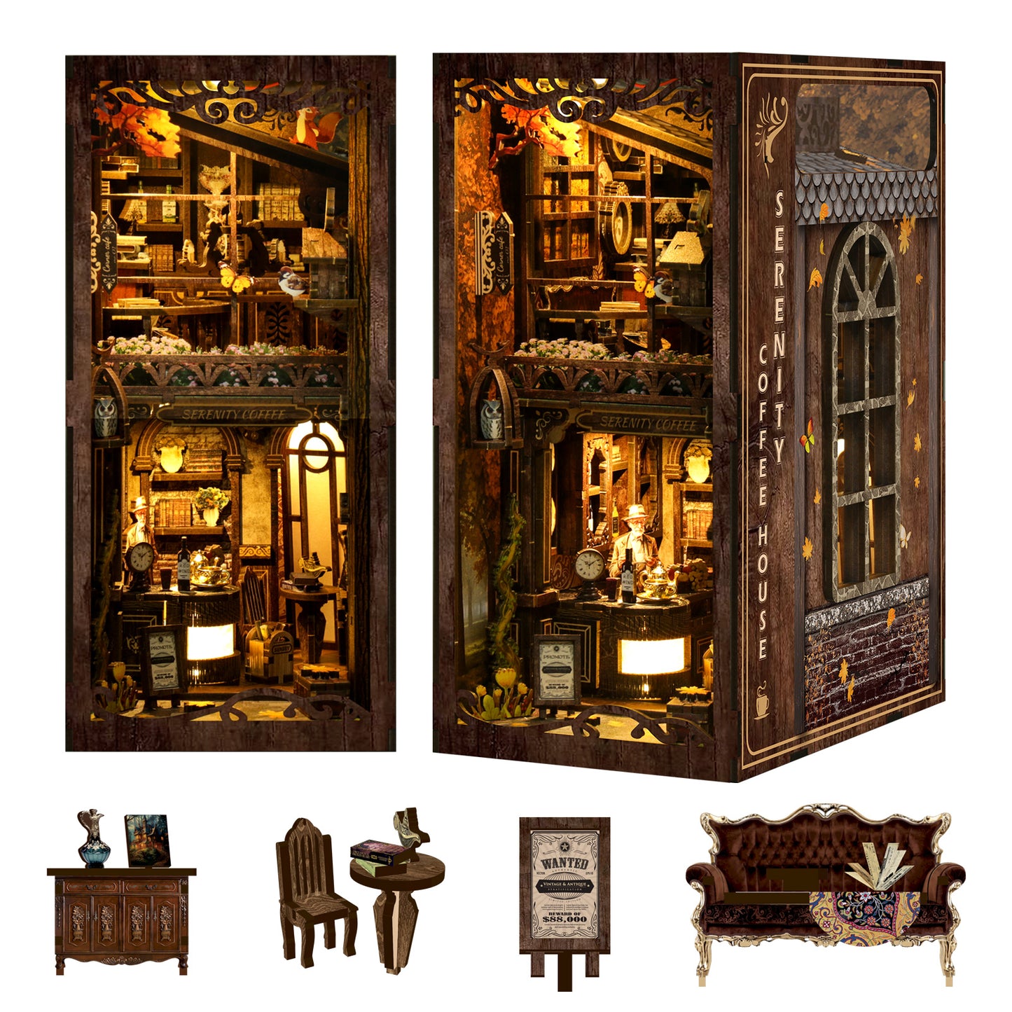 ATAEFR Book Nook Kit for Adults, DIY Miniature Coffee House Booknook Kit with Led Light & Dust Baffle, 3D Wooden Bookshelf Puzzle Booknook Insert Decor Crafts for Adults Teen Gifts