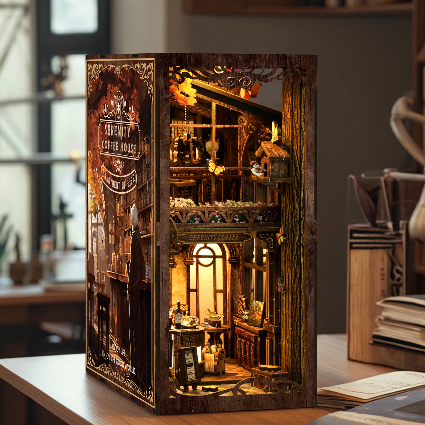 ATAEFR Book Nook Kit for Adults, DIY Miniature Coffee House Booknook Kit with Led Light & Dust Baffle, 3D Wooden Bookshelf Puzzle Booknook Insert Decor Crafts for Adults Teen Gifts