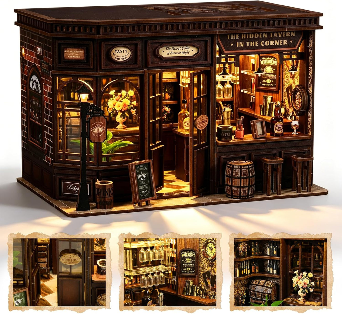 Corner Tavern Book Nook Kit, 3D Wooden Puzzle DIY Miniature House with Warm LED Light, Aesthetic Bookshelf Insert Decor for Adults & Teens