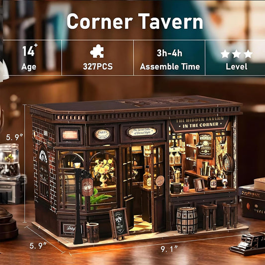 Corner Tavern Book Nook Kit, 3D Wooden Puzzle DIY Miniature House with Warm LED Light, Aesthetic Bookshelf Insert Decor for Adults & Teens
