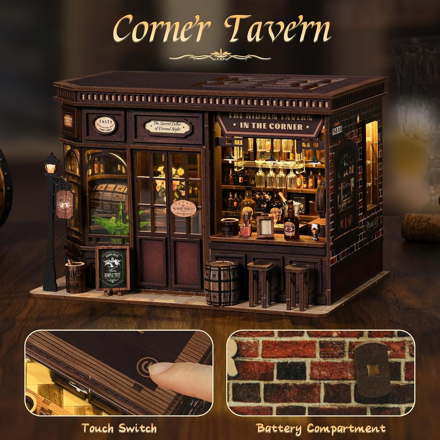 Corner Tavern Book Nook Kit, 3D Wooden Puzzle DIY Miniature House with Warm LED Light, Aesthetic Bookshelf Insert Decor for Adults & Teens