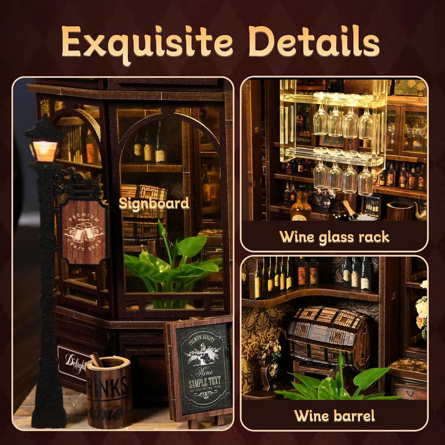 Corner Tavern Book Nook Kit, 3D Wooden Puzzle DIY Miniature House with Warm LED Light, Aesthetic Bookshelf Insert Decor for Adults & Teens