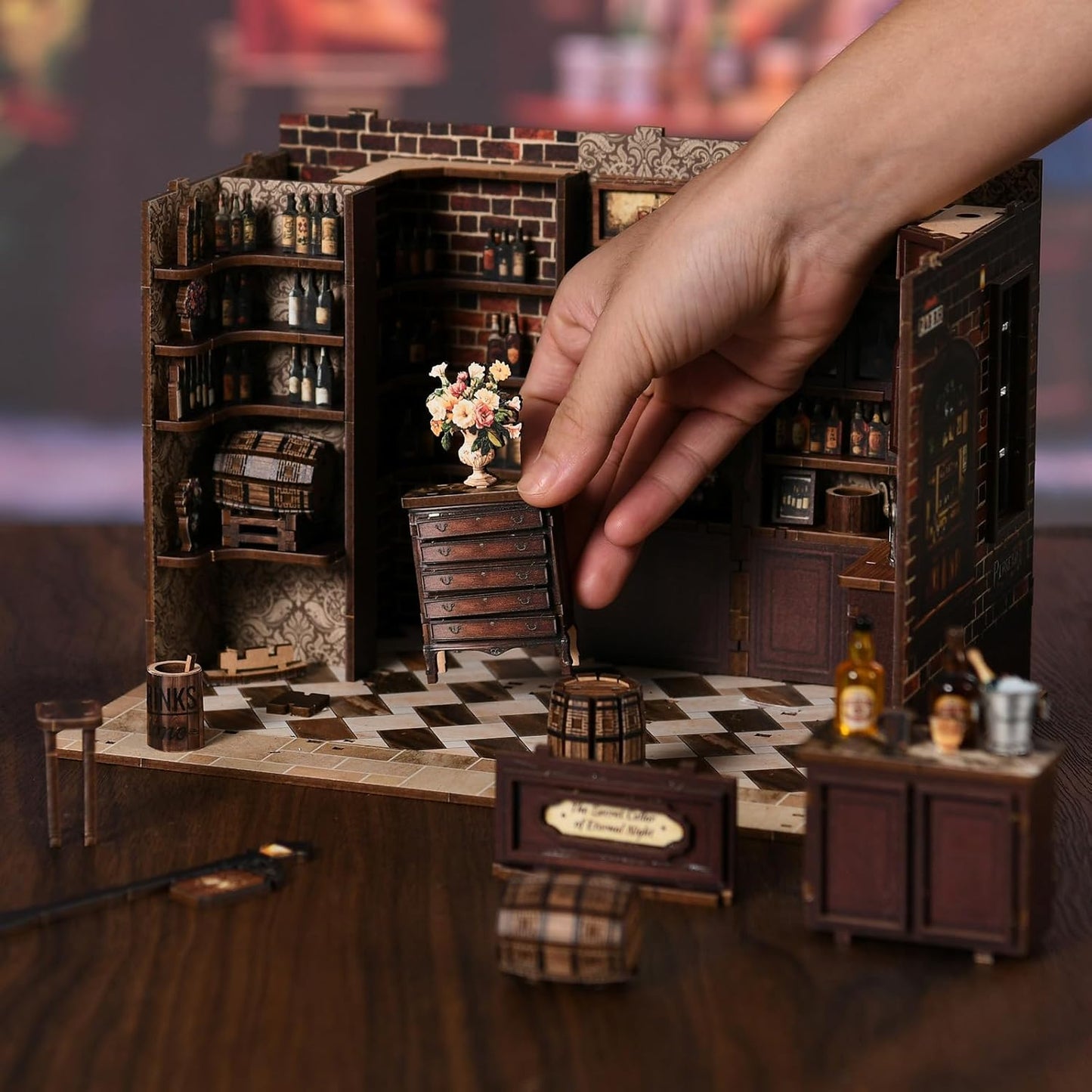 Corner Tavern Book Nook Kit, 3D Wooden Puzzle DIY Miniature House with Warm LED Light, Aesthetic Bookshelf Insert Decor for Adults & Teens