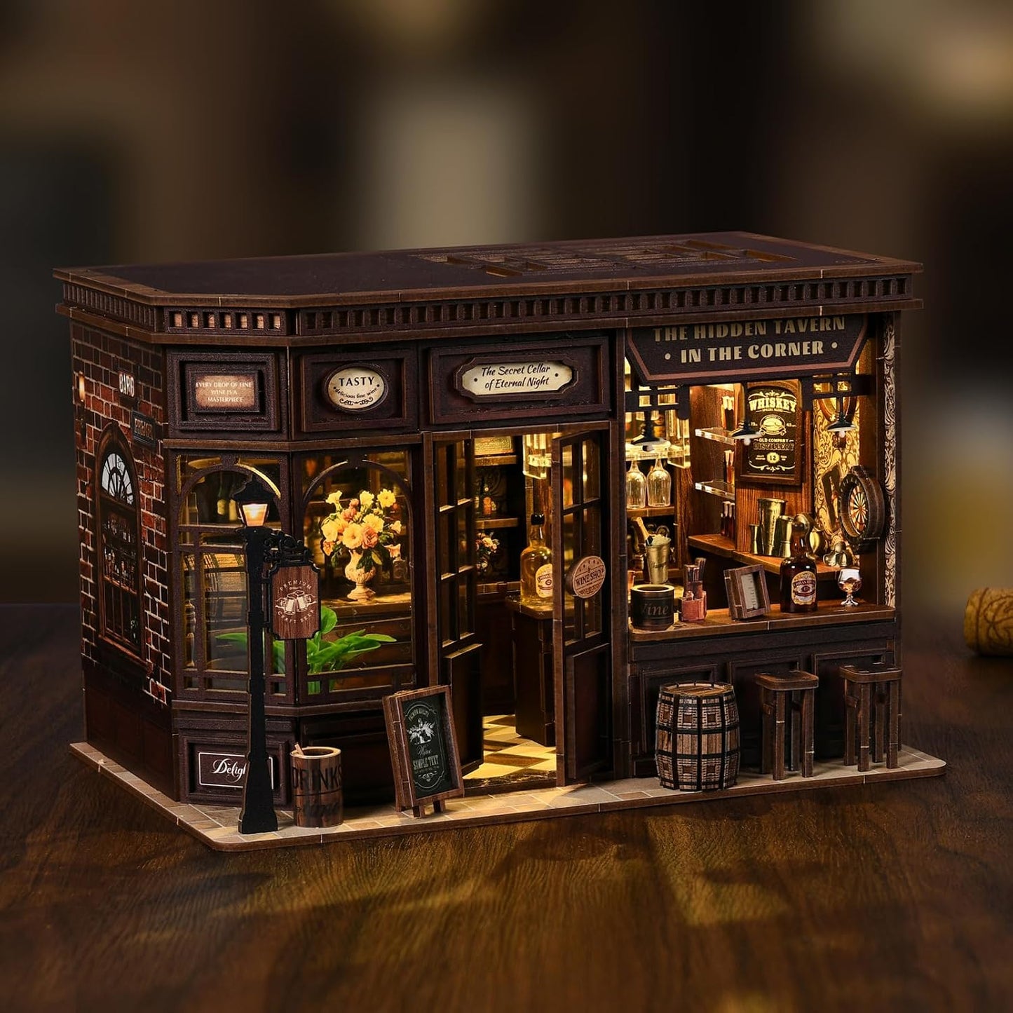 Corner Tavern Book Nook Kit, 3D Wooden Puzzle DIY Miniature House with Warm LED Light, Aesthetic Bookshelf Insert Decor for Adults & Teens