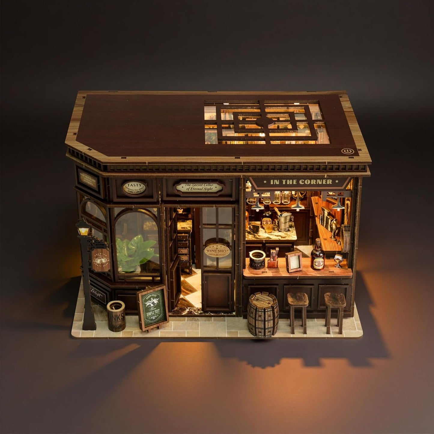 Corner Tavern Book Nook Kit, 3D Wooden Puzzle DIY Miniature House with Warm LED Light, Aesthetic Bookshelf Insert Decor for Adults & Teens