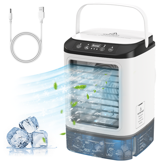 Portable Air Conditioner, 4 in 1 Humidifier Mini Portable Evaporative Air Cooler, 3 Wind Speed, with Ice Box, 10W, 900Ml Water Tank, Desk Air Cooler with 7 Colors LED for Work Home Office Outdoor