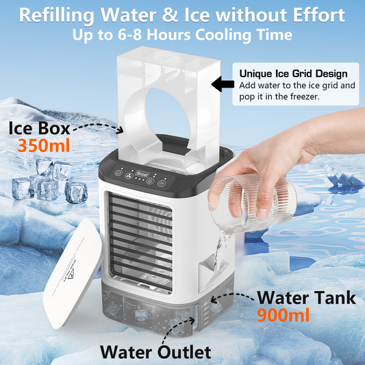 Portable Air Conditioner, 4 in 1 Humidifier Mini Portable Evaporative Air Cooler, 3 Wind Speed, with Ice Box, 10W, 900Ml Water Tank, Desk Air Cooler with 7 Colors LED for Work Home Office Outdoor